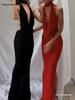 Elegant Halter V-Neck Backless Formal Dress for Autumn/Winter