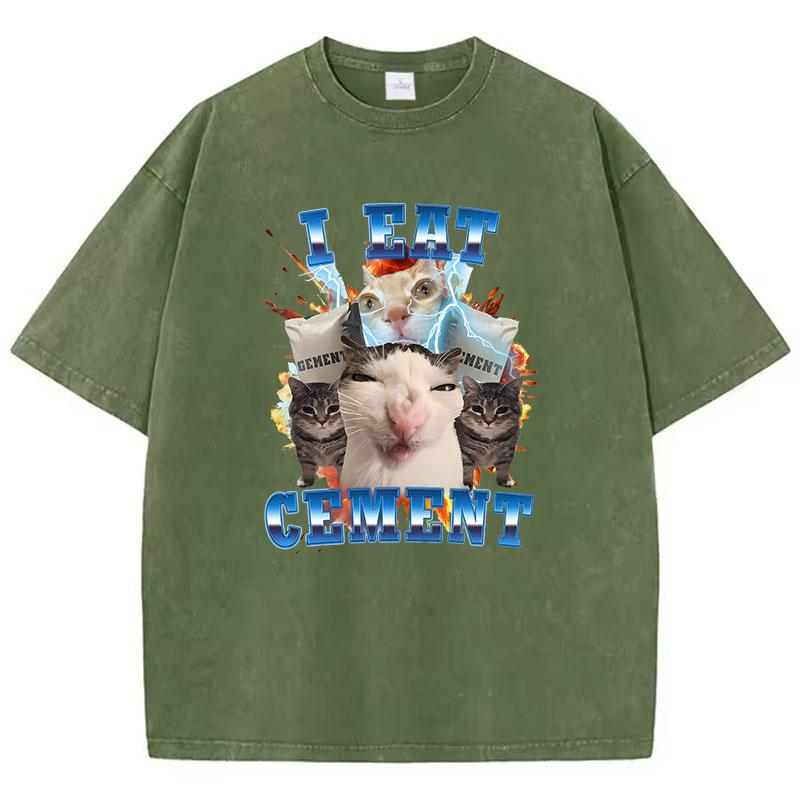 T Shirt Vintage Washed Cotton T-Shirt I Eat Cement Milk Cat Animal Graphic Tee Casual Streetwear Spring Summer Fall