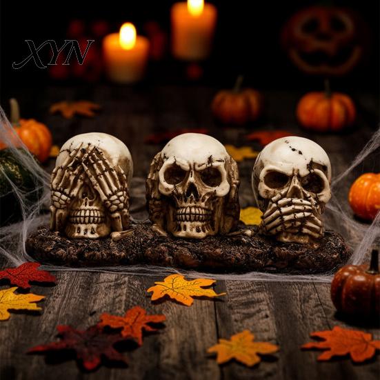 Spooky Skeleton Decor See Hear Speak No Evil Skull Figurine, Halloween Resin Party Prop Statue for Mantel, Table, Gothic Home Figurine
