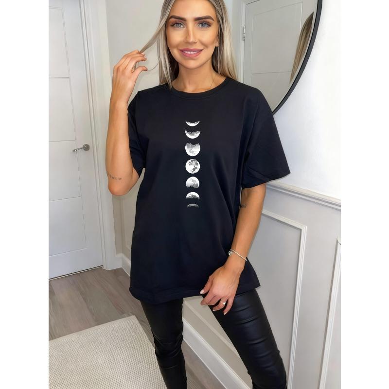 Graficzny T-shirt Oversize z Fazami Księżyca Czarny Nadruk Cyklu Księżycowego Do Noszenia na Co Dzień i w Stylu Ulicznym