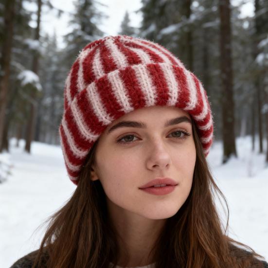 Winter Knit Hat Patchwork Color Striped Print Soft Touch Breathable Brimless Hat Outdoor Activities Pullover Hat