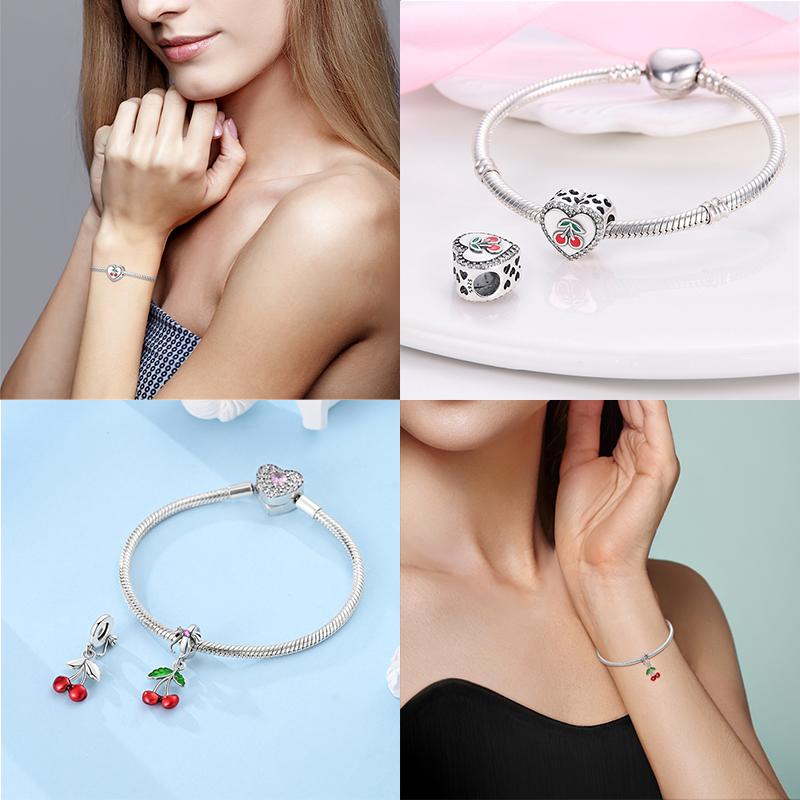 Fits Pan Braceletscopper Charms Color Strawberry Cherry Blueberries Fruit Sweet Original Diy Jewelry Birthday Fine Gifts