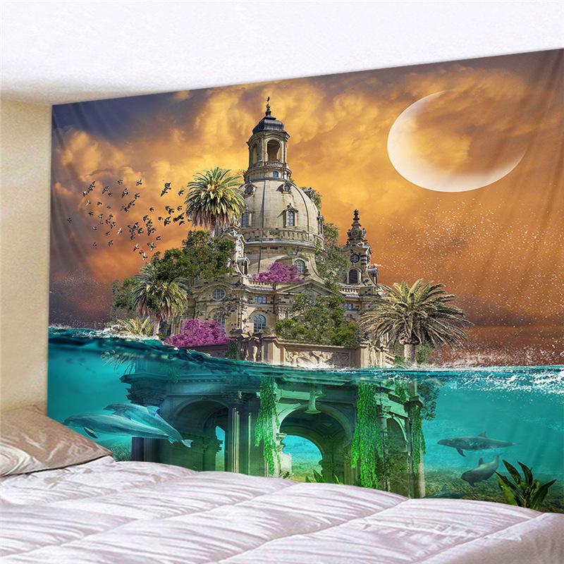 Paradies Wunderland Psychedelischer Wandteppich Riesenpilzhaus Böhmische Wohnkultur Groß