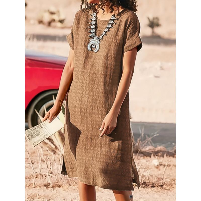 Polyester Solid Color Basic Short Sleeve A Line Dress For Office Women