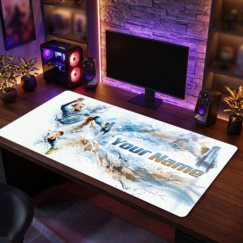 Erling Haaland Custom Grote Muismat, Gepersonaliseerde Naam Tekst Print, Voetbal Logo Antislip Bureau Mat Gaming Cadeau