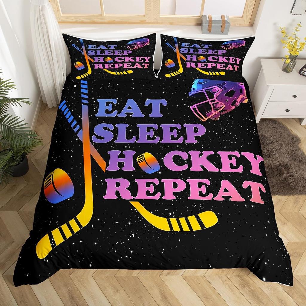 Eishockey Bettbezug Twin Queen für Kinder Jungen Mädchen Junger Mann Winter Eissport Spiele Bettdeckenbezug Helm Schlittschuhe Bettwäscheset
