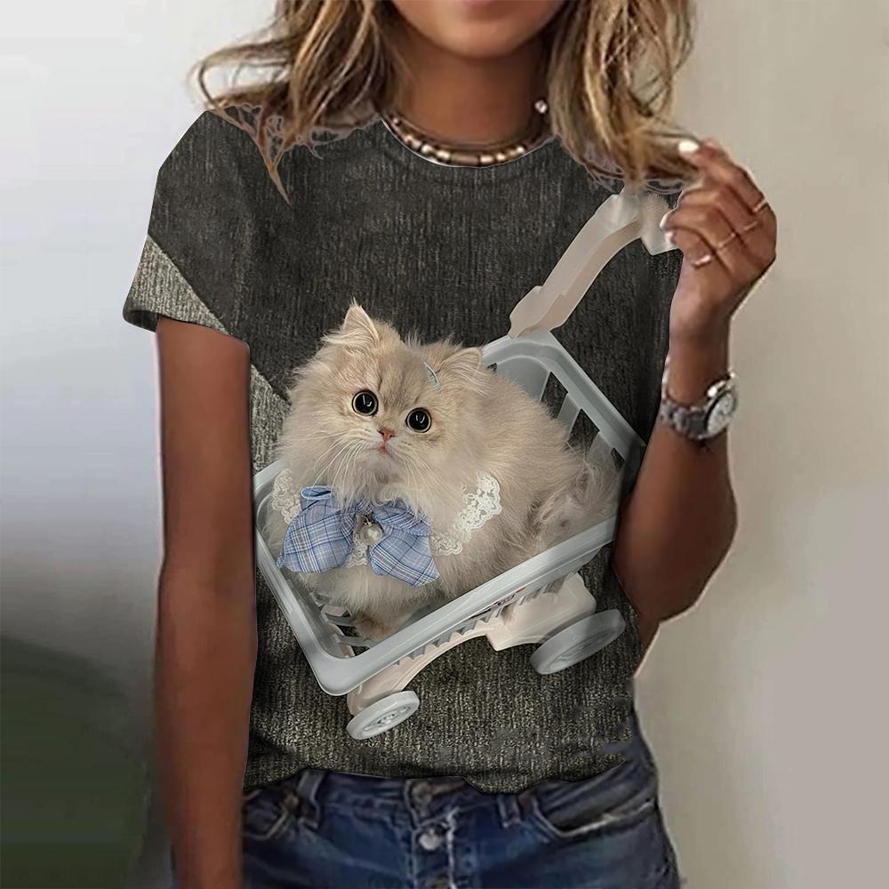 Hot Selling Women's T-shirts 3D Printed Pet Cat Summer Fashion Short Sleeved Top Round Neck Street Clothing Harajuku Casual Top