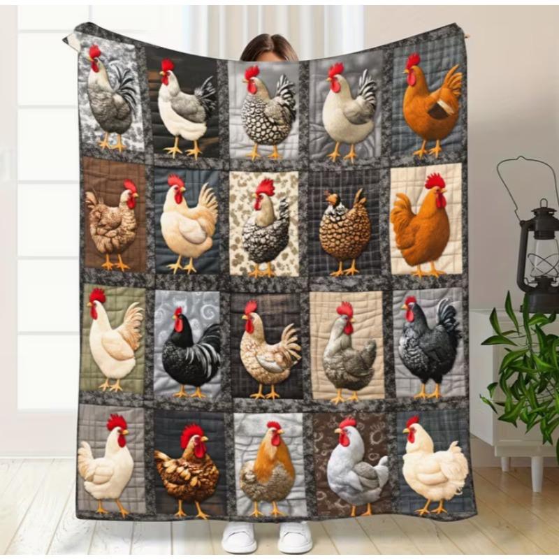 1 stuks Deze Kleurrijke Geruite Boerderij Kip Patchwork Flanellen Deken Kenmerkt Een Koppel Meerkleurige Kuikens En Bloemenrand. Zacht