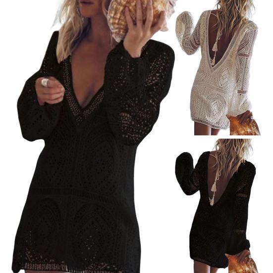 Women Vacation Dress V-shaped Back Backless Hollow Out Bikini Cover-up Loose Long Sleeves Tassel Low-cut V Neck Lady Holiday Mini Dress