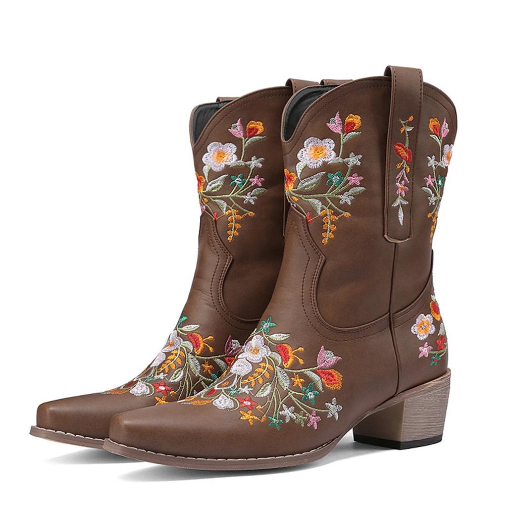Klobige Absatzspitze Damenstiefel Retro Mittlerer Absatz Außenbekleidung Stickerei Weite Wade Über das Knie Stiefel für Damen Leder