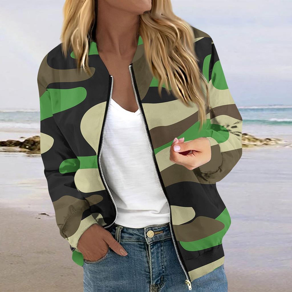 Chaqueta informal acolchada con bolsillos y manga larga con estampado de camuflaje y cremallera para mujer