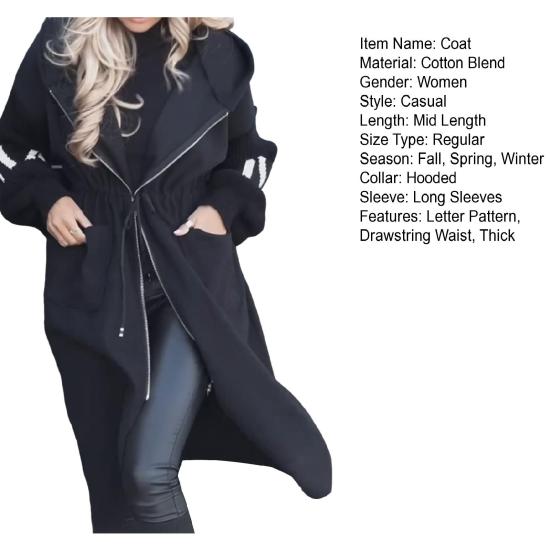 Women Winter Coat with Hood And Side Pockets Patchwork Knitted Sleeves Outerwear Letter Pattern