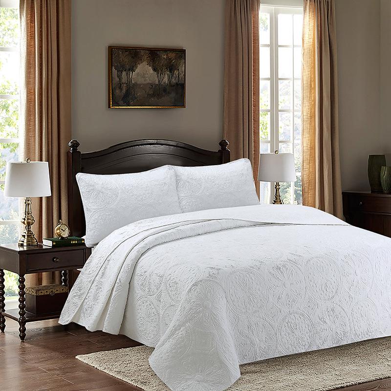 American-Style Quilted Cotton Bedspread Set - 3-Piece Washed Solid Color Bedding