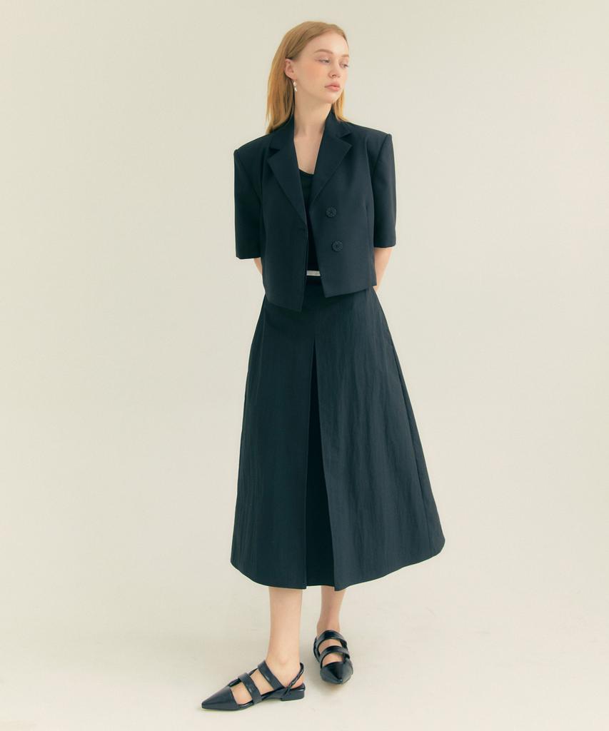 Fry Height Cotton Pleated A-Line Long Skirt Black
