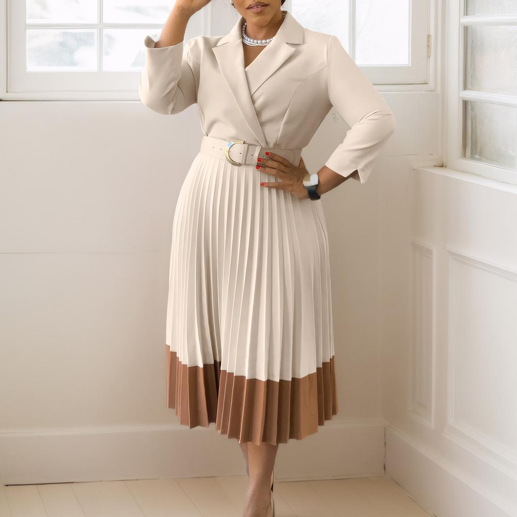 Women Elegant Turn Down Collar Office Puff Sleeve Pleated Midi Dress