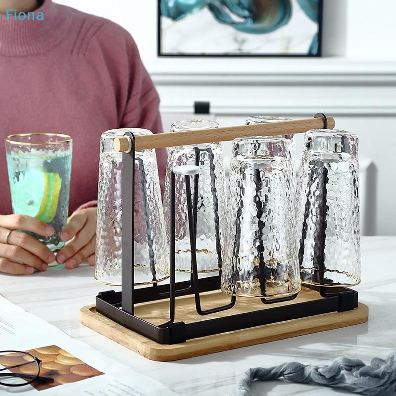 Égouttoir à tasses en verre 6 tasses avec poignée en bois, Organisateur de tasses pour comptoir avec plateau d'égouttement pour cuisine et bar