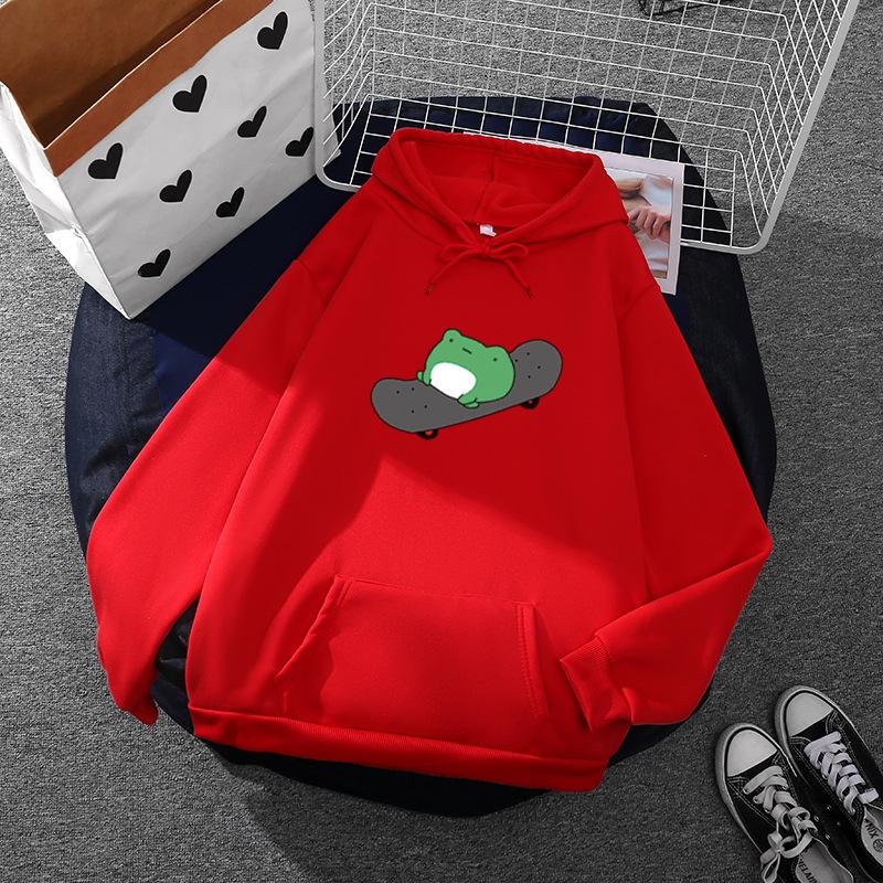 Ženy Podzim Zima Žába Skateboardy Potisk All Match Oversize mikiny se stahovací šňůrkou