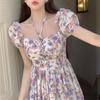 French Retro Snow-capped Mountain Floral Short-sleeved Square Collar One-word Shoulder Summer Dress Small Waist Bubble Sleeve Chiffon