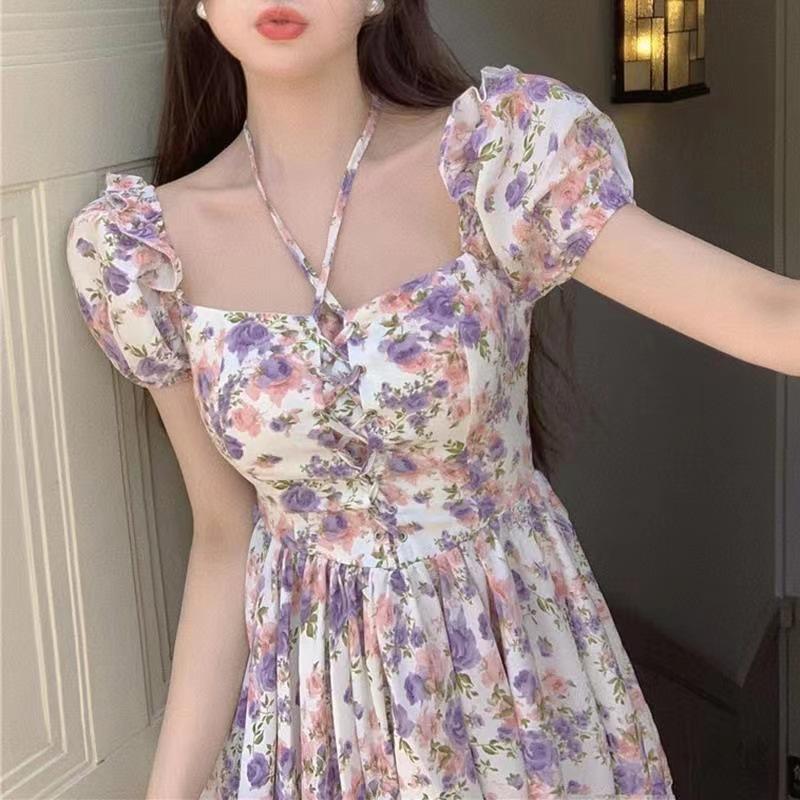 French Retro Snow-capped Mountain Floral Short-sleeved Square Collar One-word Shoulder Summer Dress Small Waist Bubble Sleeve Chiffon