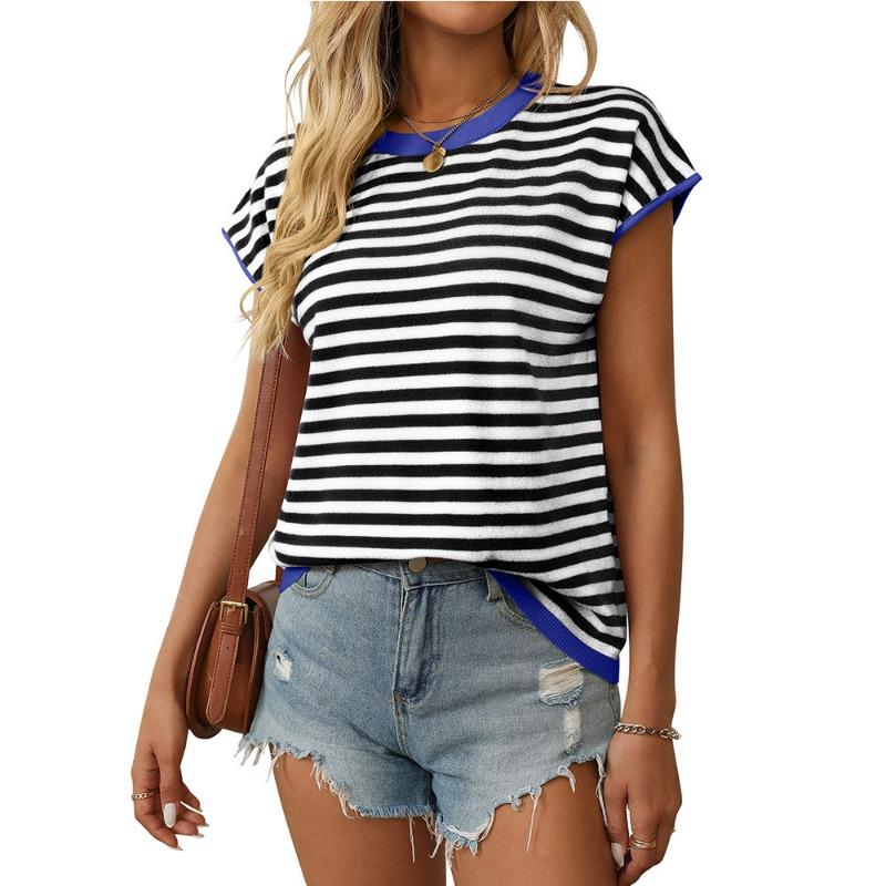 Women's Summer New Round Neck Knit Top Casual Stripe Clashing Sweater