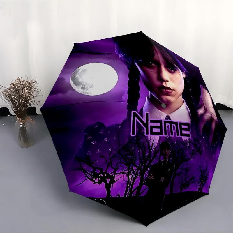 1pc Wednesday Addams Gothic Horror Custom Name Automatic Folding Umbrella, Durable Plastic & Iron, Lightweight for Outdoor Daily Use S1230014