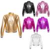 Kids Girls Shiny Long Sleeve Baseball Jacket Sparkle Metallic Zipper Bomber Jacket Coat Outerwear
