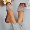 [Foreign Trade] Flat-bottomed Slippers Pearl Rhinestone Outer Wear Square Head Fashionable and Versatile Casual Women's Sandals
