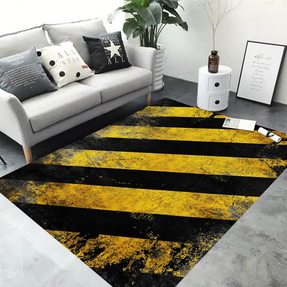 Vintage Style Black and Yellow Striped Rug with Distressed Retro Look Carpet for Modern Living Room Home Decor Non-Slip Mat