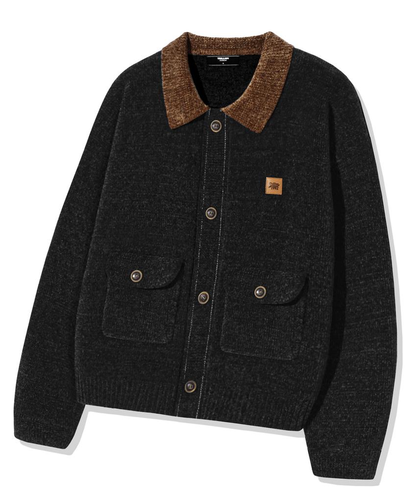 TRILLION Leather Patchwork Velvet Cardigan Knit_Black
