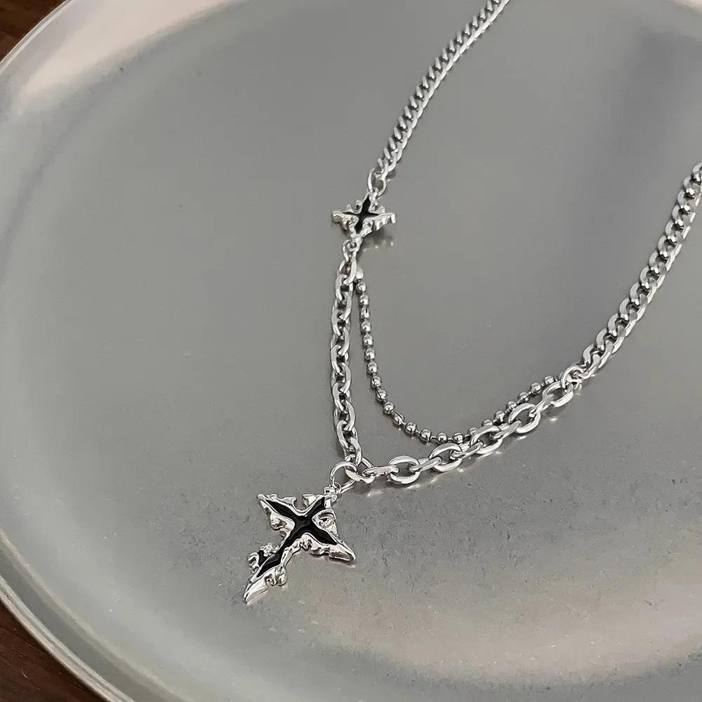 Punk Black Cross Necklace For Men Women Trend Titanium Steel Chain Sweater Pendant Hip Hop Jewelry Cool Accessories