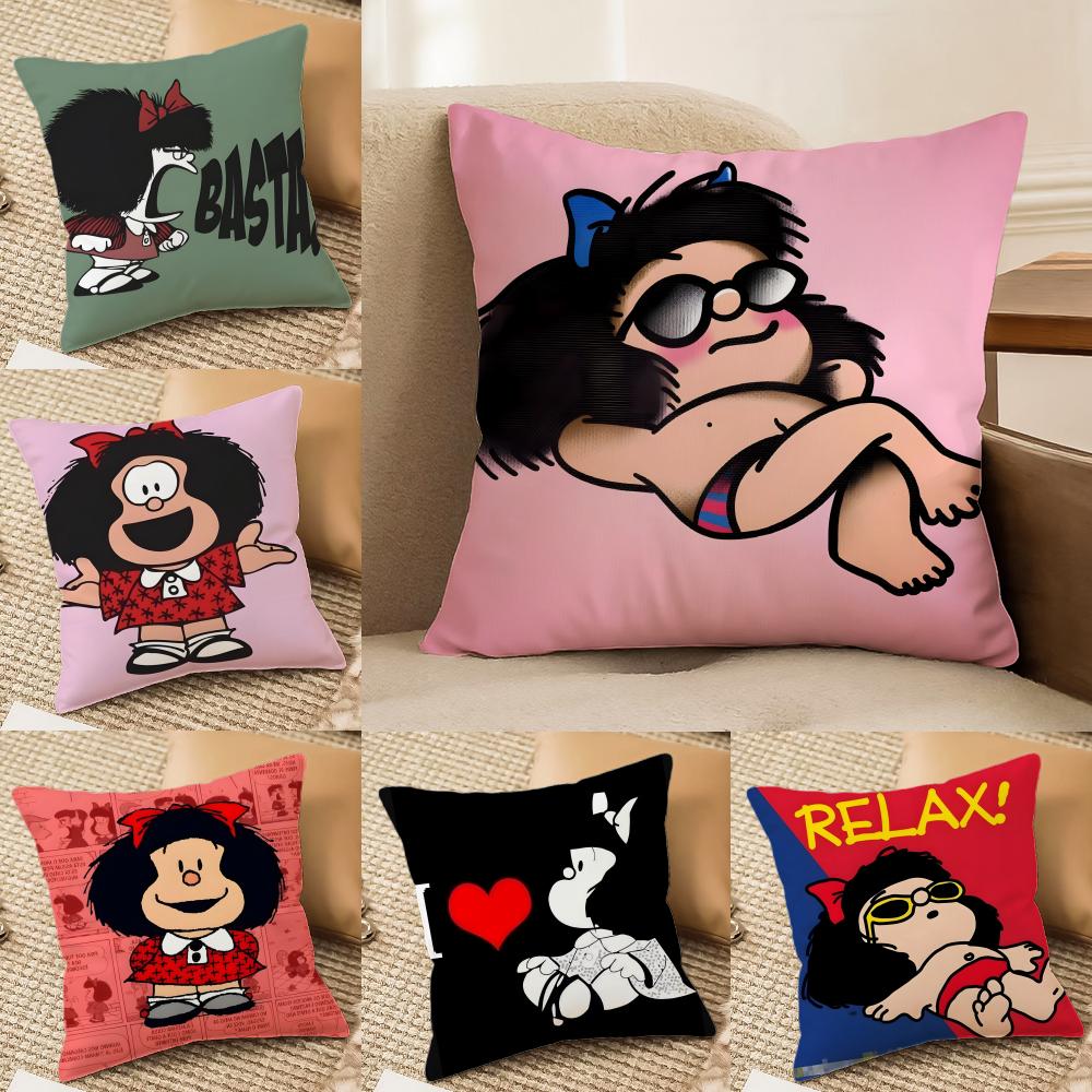 Quino Cartoon Cute Girl MafaldaM Cushion Cover Silky Elegant Comfort Sofa Bed Invisible Zipper Beach Pillowcase