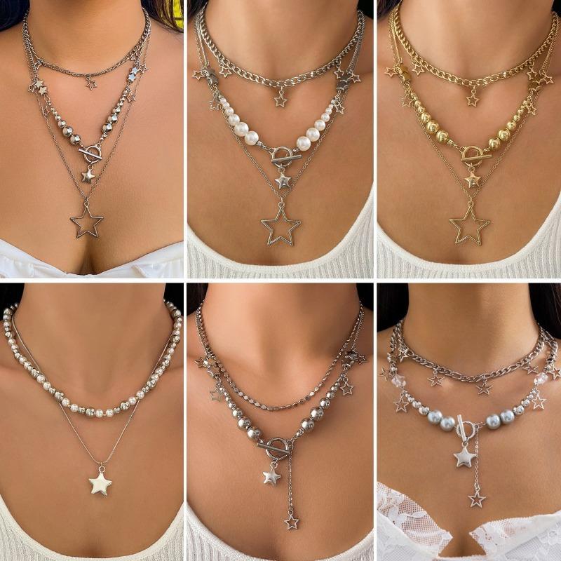 1 st Hip Hop Spice Girl Vind Stjärna Hänge Halsband Set, Mode Rund Pärla Metallkedja Halsband
