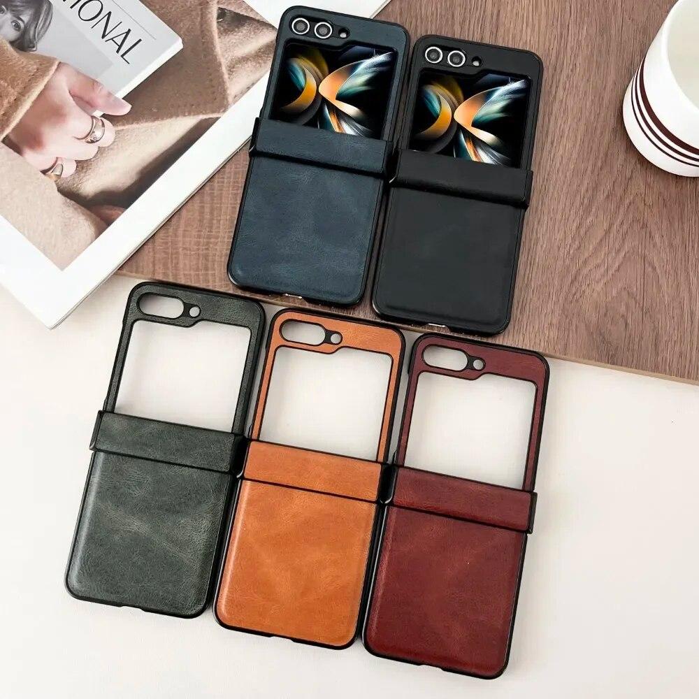 For Samsung Galaxy Z Flip 6 5 4 3 Case Hinge All-inclusive Luxury Faux Leather Folding Shockproof Protective Hard Cover Accessorie