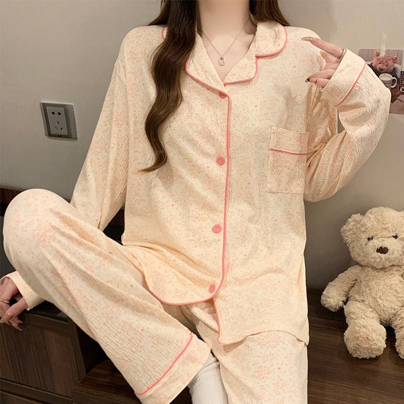 Spring and Autumn Women's Pajamas Loungewear Set Girl Love Cardigan Pajamas Crinkled Fabric Loungewear Long Sleeve Set