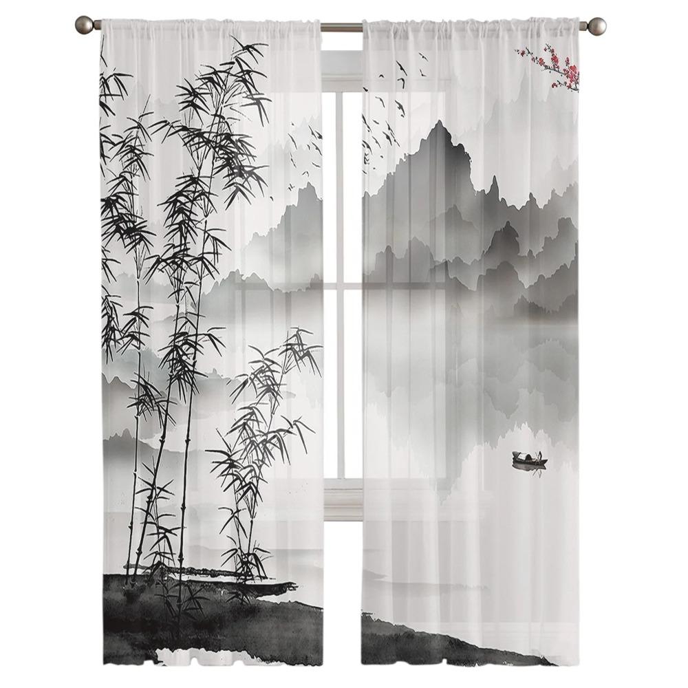 Chinese Ink Landscape Print Bamboo Translucent Voile Drapes for Bedroom Space Living Room Kitchen Area Decor Chiffon Tulle Window Openings Drape