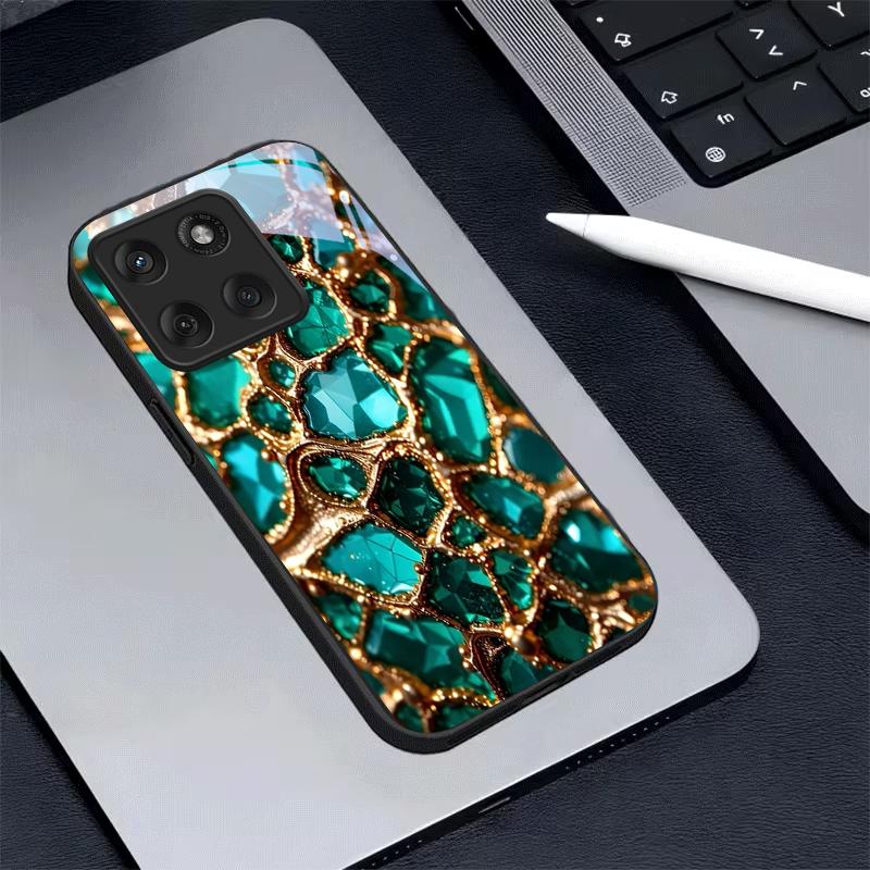 Luxury Green Gem Golden Black Glass Phone Case For Motorola Moto Edge 60 70 20 Lite 30 Pro 40 50 Ultra G45 G54 G55 G75 84 Cover