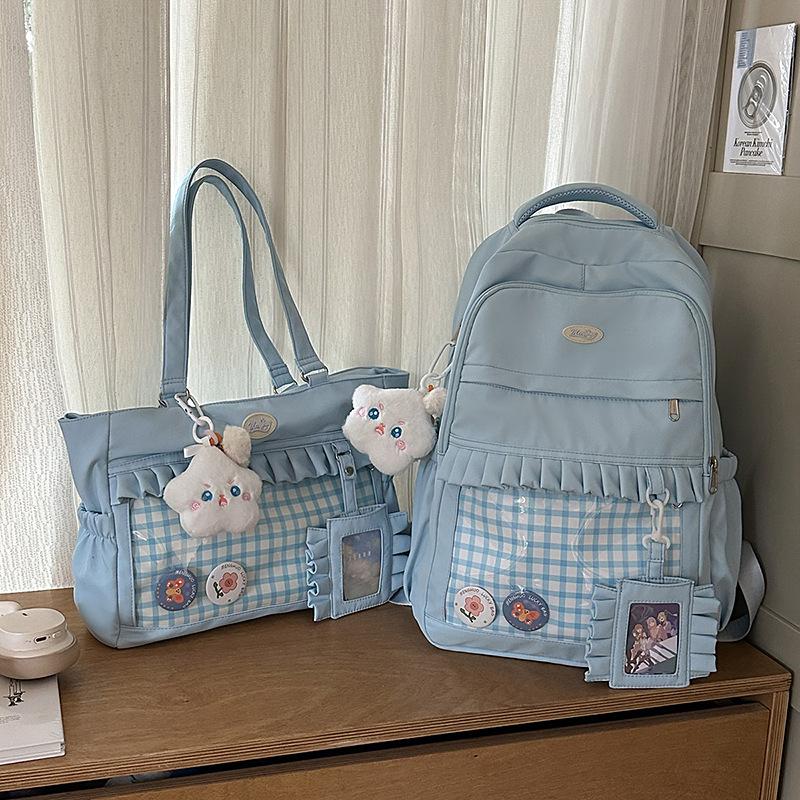 Schoolbag Korean Version Cute Plaid Schoolbag Female Junior High School Student High Value Transparent Bar Pain Bag Ins Wind Large Capacity Backpack