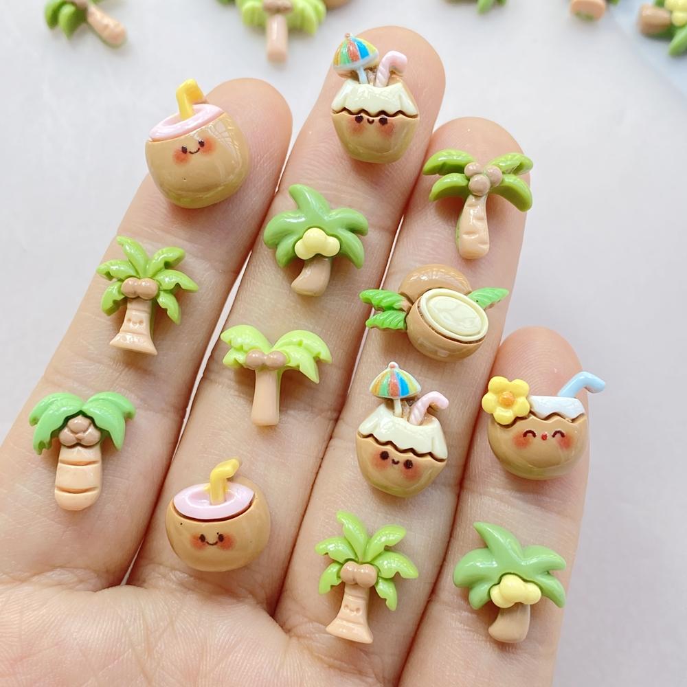 20Pcs Cute Cartoon Coconut, Coconut tree Nail Art Resin Designer Charms DIY Craft For Nail 3D Decorations Jewelry