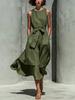 Women Sleeveless Round Neck Solid Color Midi Dress Casual Wrap Front Tie Waist Flounce Hem Vacation Dress