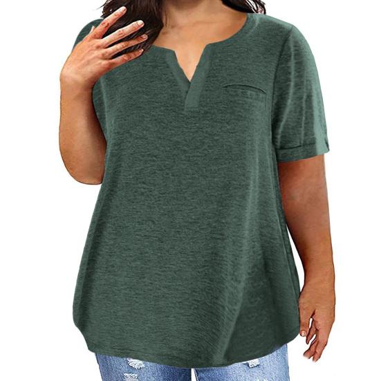 Yousheng Women T-shirt V-Neck Short Sleeve Tops with Chest Pockets Solid Color Casual Loose Fit Tee Shirt Daily Wear