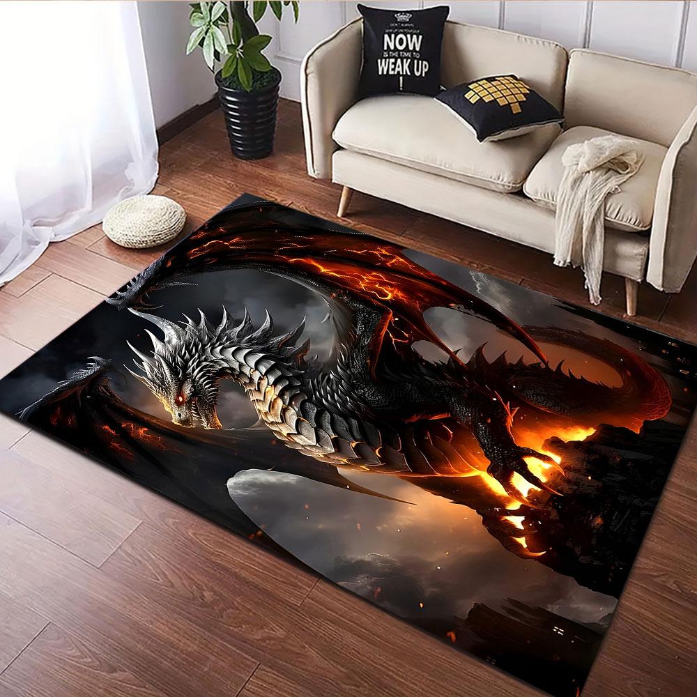 "Fiery Black Dragon In Dark Castle Scene" Patterned Carpet, Suitable As a Non Slip Play Mat for the Living Room and Bedroom Sofa