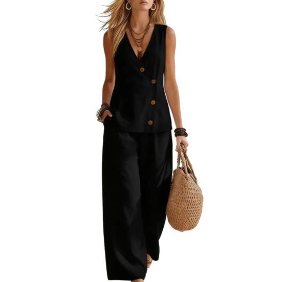 Women's Summer Sleeveless 2 Piece Outfits Button Down Tank Top And Wide Leg Pants Casual Loungewear Matching Sets