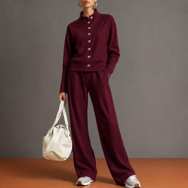 2026 Womens Solid Color Stand Collar Hoodie Wide Leg Pants Set Casual Comfort Outfit Winter