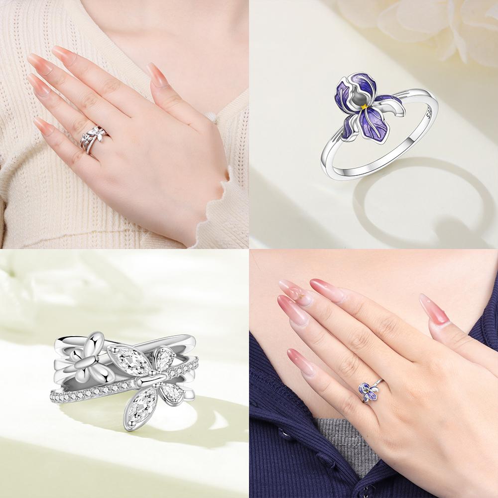 Exquisite Original CopperPurple Iris Flower Woman's Ring Anniversary Fine Gift Women Jewelry Blue Zircon Butterfly Ring