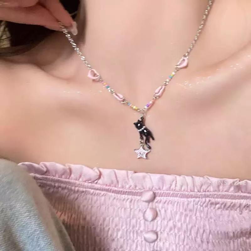 Summer dopamine color beaded necklace exquisite niche sweet neck chain elegant bow collarbone chain choker
