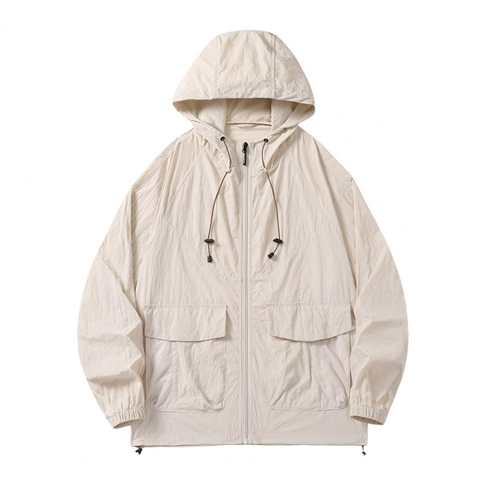 Men Coat Hooded Drawstring Long Sleeve Sun Coat with Flap Pockets One Tone Zipper Placket Couple Outwear