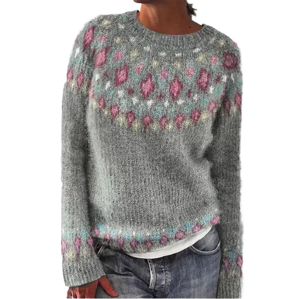 Women's Fashionable Casual Printed Round Neck Pullover Loose Long Sleeved Sweater Top