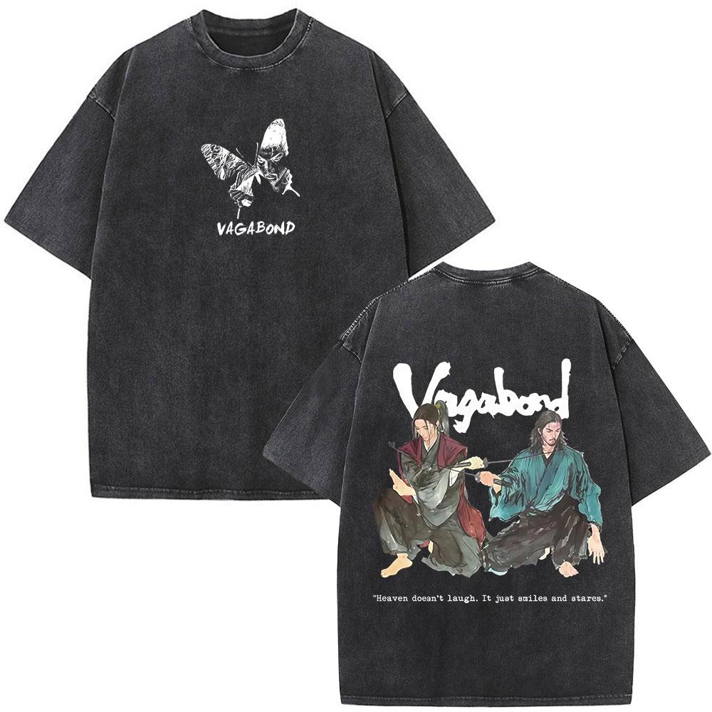 Japanese Anime Vagabond Miyamoto Musashi Vintage Washed Tshirts Men Women Clothing Fashion Retro Cotton Short Sleeve T Shirts
