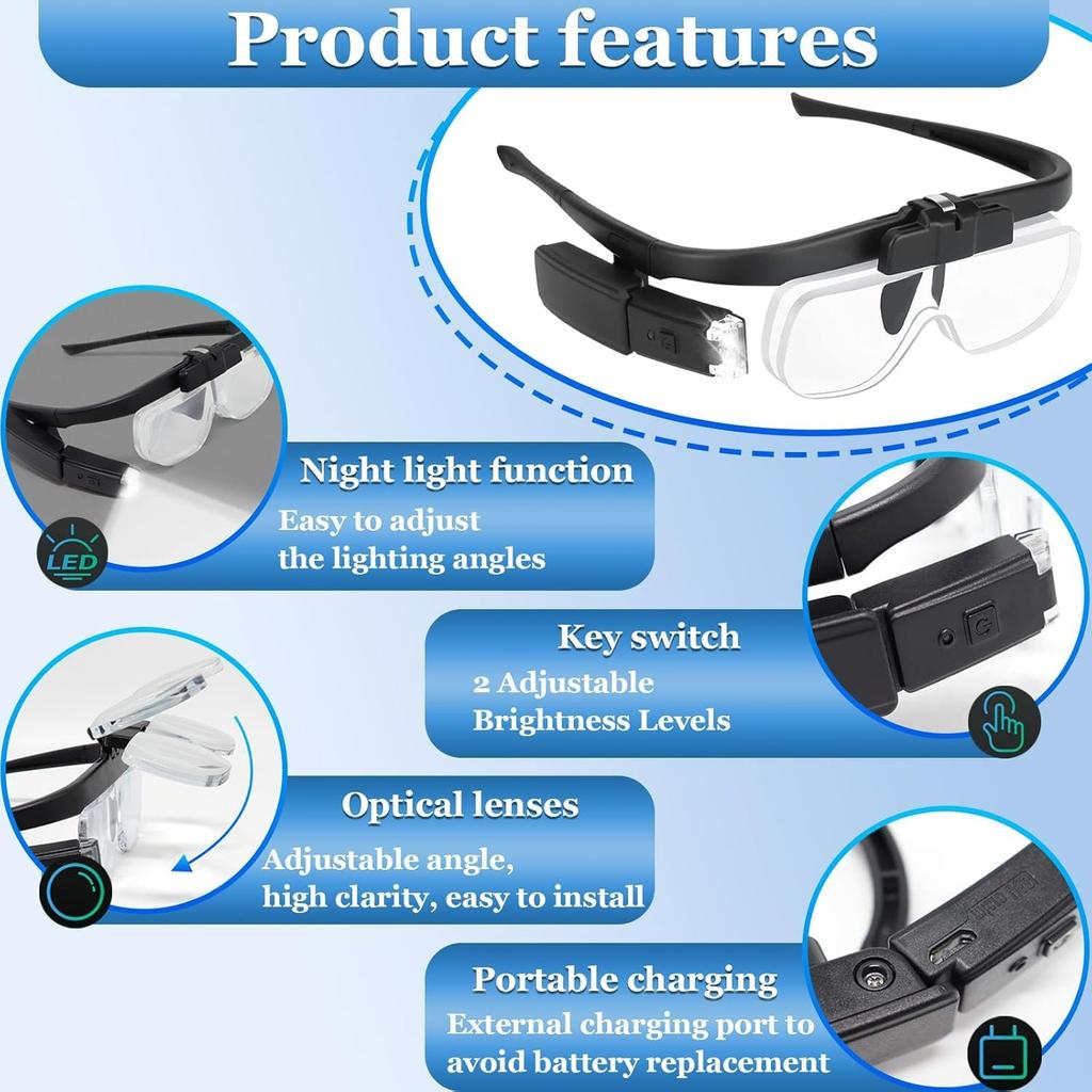 Headband Magnifying Glass, Rechargeable Head Magnifier Glasses with 2 LED Lights,for Reading, Jewelry Crafting, and Precision Work