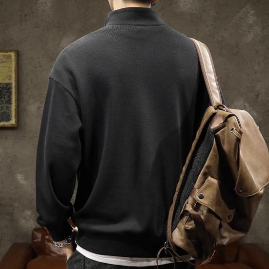Yousheng Men Sweatshirt Half Zipper Elastic Cuffs Long Sleeves Stand Collar Loose Pure Color Casual Daily Wear School Mid Length Top